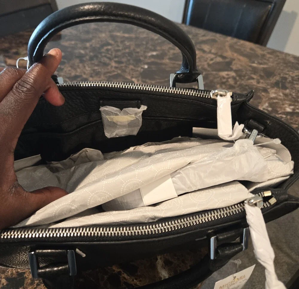 Michael Kors Black Leather Tote with White Piping